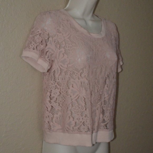 LAST CHANCE Sz 2 Loyd/Ford Pink Knit Lace Short Sleeve Cropped Top Blouse - Picture 4 of 6
